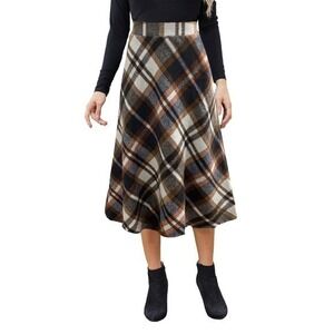 NWOT Women's Plaid Midi Skirt High Elastic Waist A-Line‎ With Pocket Small